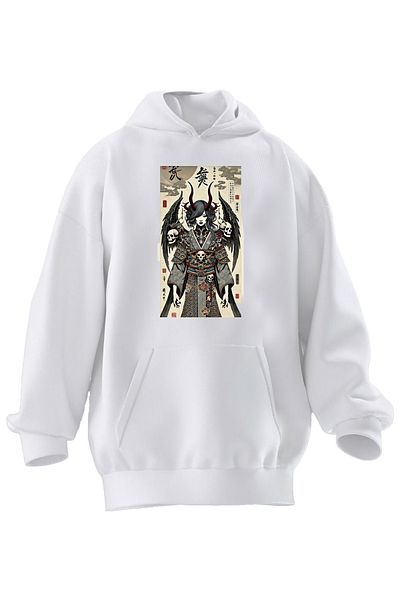 NMG TEKSTİL Λευκό Anime με στάμπα Unisex φούτερ με κουκούλα - 3 νήματα Premium βαμβακερό