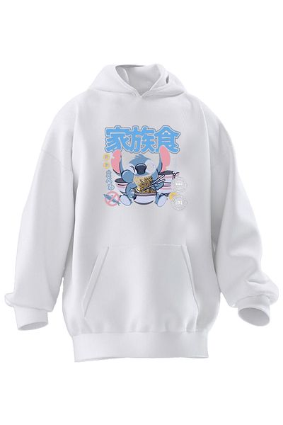 NMG TEKSTİL Λευκό Unisex Premium Cotton - Φούτερ με κουκούλα με ιαπωνική στάμπα 3 νημάτων