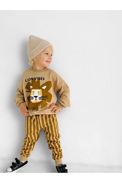 momchi Lion Vibes Beige Kids Tracksuit Set with Lion Figure - Comfortable Wear Bottom and Top Combination