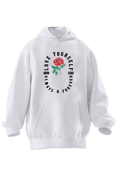 NMG TEKSTİL Hanorac cu glugă unisex din bumbac premium alb Love Yourself Rose imprimat cu 3 fire