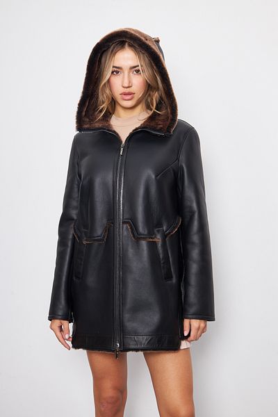 By Marki Marki Women's Black Hooded Fur Coat Zippered, 80 cm