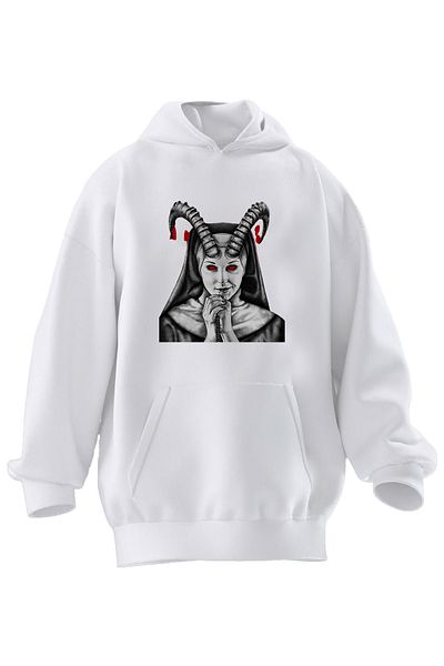 NMG TEKSTİL Φούτερ με κουκούλα Unisex Premium βαμβακερό λευκό μονόχρωμο μοναχή με στάμπα 3 νημάτων