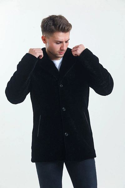 By Marki Marki Men's Black Leather Coat - Furry Outer Detail, Lined Inner Detail, Button Closure, Fit Cut, 80 cm