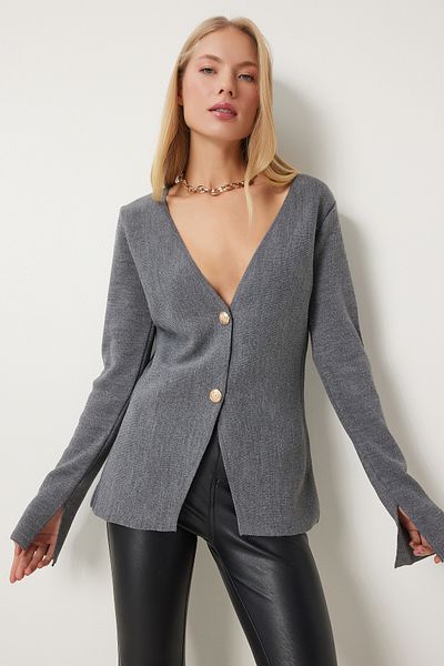 Lovelyİstanbul V-Neck Stylish Buttoned Knitwear Cardigan Anthracite Lmt0021