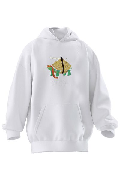 NMG TEKSTİL Φούτερ με κουκούλα Unisex Premium Βαμβακερό Λευκό Slow Ninja Turtle με στάμπα με 3 νήματα