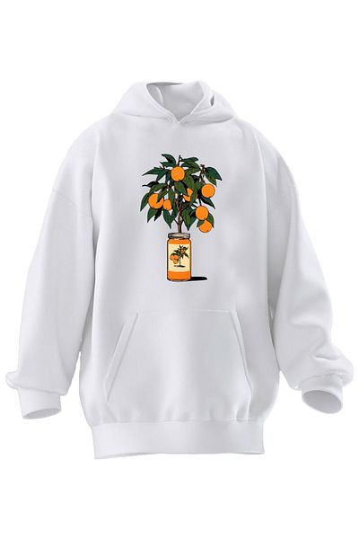 NMG TEKSTİL Φούτερ Unisex Premium Βαμβακερό Λευκό Πορτοκαλί με στάμπα με κουκούλα με 3 νήματα