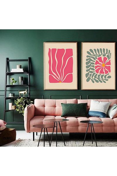 Linacci Set de 2 picturi din sticlă verde roz cu cadru metalic auriu