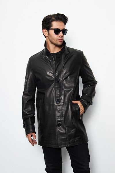 By Marki Marki Men's Black Genuine Leather Long Coat - 90 Cm, Hooded, Waterproof and Buttoned