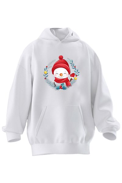 NMG TEKSTİL Φούτερ με κουκούλα Unisex Premium βαμβακερό λευκό κασκόλ με στάμπα χιονάνθρωπος με 3 νήματα