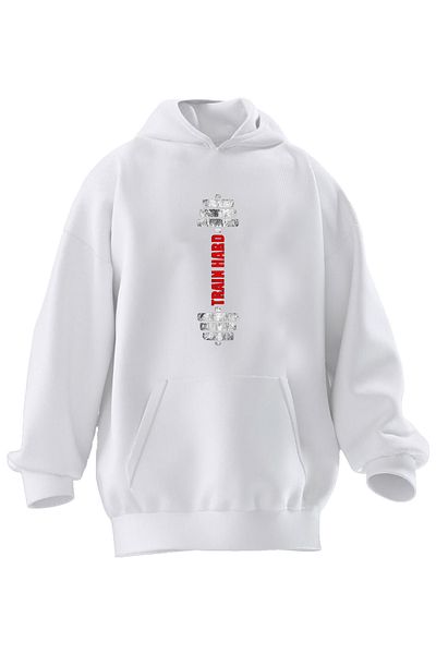NMG TEKSTİL Φούτερ με κουκούλα Unisex Premium βαμβακερό λευκό κάθετο μπάρα με στάμπα με 3 νήματα