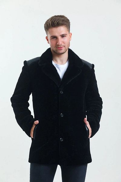 By Marki Marki Men's Black Leather Coat - Furry Outer Detail, Lined Inner Detail, Button Closure, Fit Cut, 80 cm