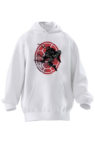 NMG TEKSTİL Hanorac cu glugă unisex din bumbac premium cu scut alb Ninja roșu imprimat cu 3 fire