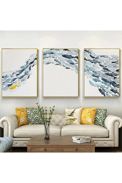 Linacci Set of 3 Gold Metal Frame Blue Fishes Glass Painting