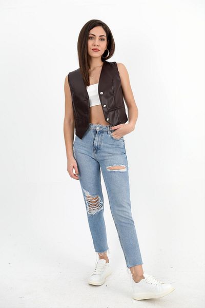 VAPUR TEKSTİL Brown Fleto Pocket Leather Vest