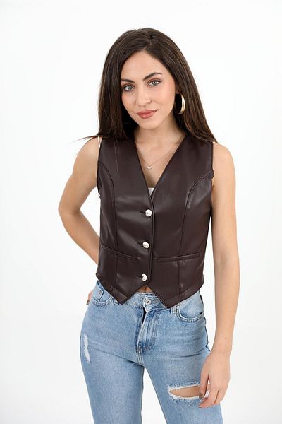 VAPUR TEKSTİL Brown Fleto Pocket Leather Vest