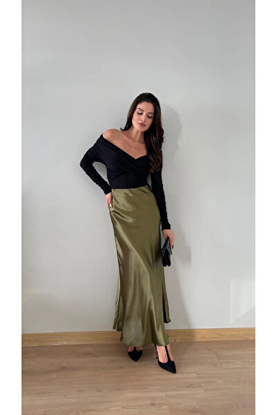 LUFES Kadın Haki Parlak Saten Çan Etek Likralı Beli Lastikli Maxi Boy