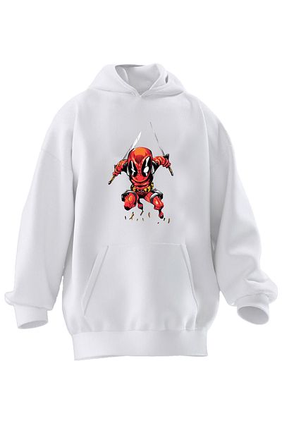 NMG TEKSTİL Φούτερ με κουκούλα Unisex Premium βαμβακερό λευκό Samurai Deadpool με στάμπα 3 νημάτων
