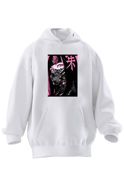 NMG TEKSTİL Φούτερ με κουκούλα Unisex Premium βαμβακερό λευκό ροζ ιαπωνικό γράμμα anime με στάμπα με 3 νήματα