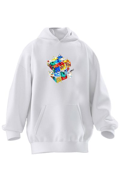 NMG TEKSTİL Φούτερ με κουκούλα Unisex Premium Cotton White Intelligence Cube με στάμπα 3 νημάτων