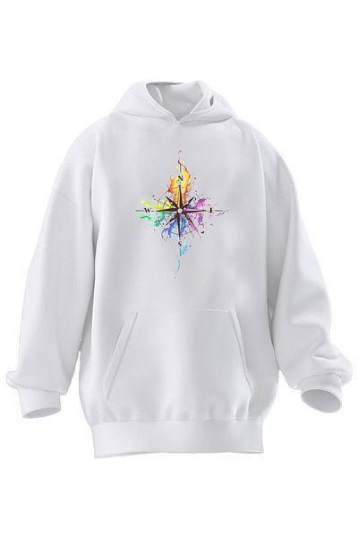 NMG TEKSTİL Hanorac cu glugă unisex din bumbac premium alb cu flacără imprimat cu 3 fire