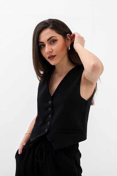 Moka Shopin Mokashopin Pockets Collared Buttoned Polyviscon Vest - Navy Blue