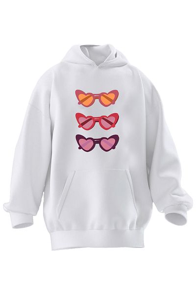 NMG TEKSTİL Λευκό εμπριμέ Unisex βαμβακερό φούτερ με κουκούλα - 3 νήματα