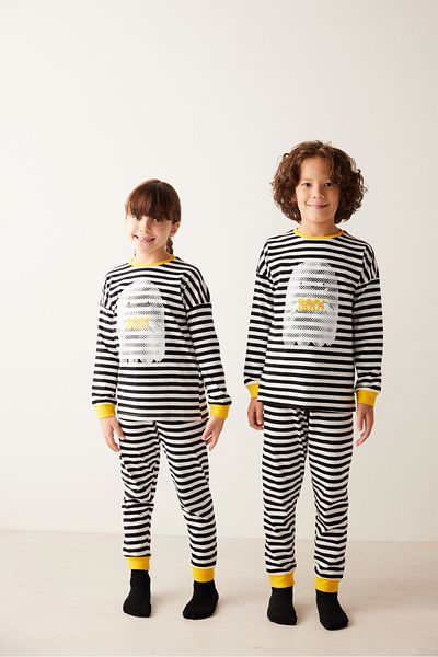 Penti Set de pijamale unisex cu dungi alb-negru pentru copii cu imprimeu fantomă