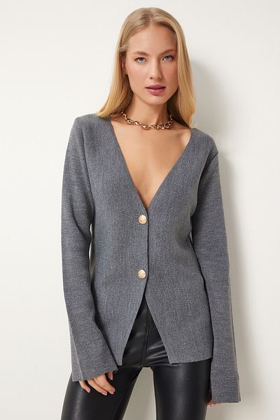 Lovelyİstanbul V-Neck Stylish Buttoned Knitwear Cardigan Anthracite Lmt0021