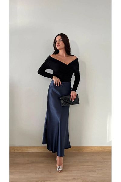 LUFES Satin lucios albastru bleumarin - Fusta A-Line pentru femei cu lungime maxi din Lycra, talie elastica