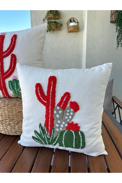 punchatolyem Panch Punch Cactus Model 2 Piece Set Throw Pillow Cover Handmade Ecru Color