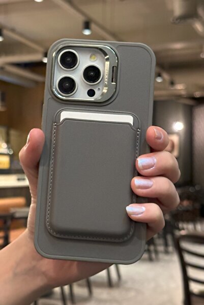 Paladyum Case iPhone 14 Pro Max Uyumlu Premium Titanyum Gri Deri Magsafe Cüzd...