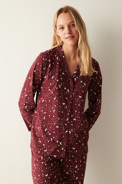 Penti Set de pijama pantaloni cămașă cu model cer roșu claret
