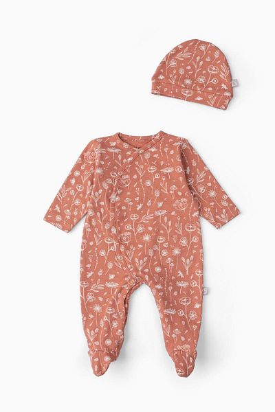 Boumini Baby Booties Jumpsuit Hat Set Spring Floral Tile