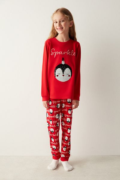 Penti Girl's Sequined Red Pajama Set