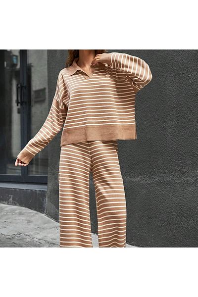 DEMİRBY Women's Shirt Collar Striped Knitwear Set