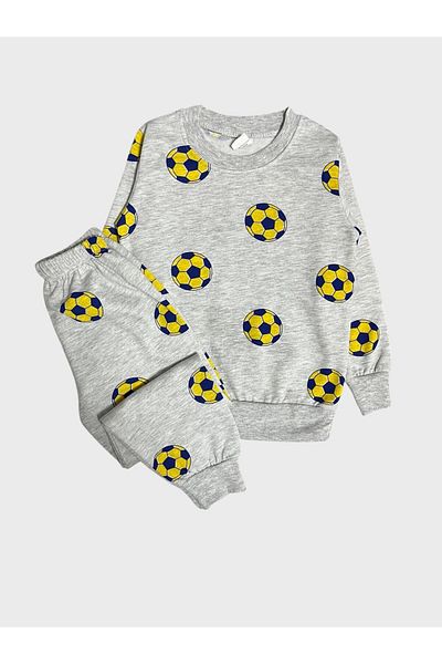 ALİŞ KİDS Boy's Cotton Raised Gray Yellow Navy Blue Football Ball Patterned Long Sleeve Pajamas Set