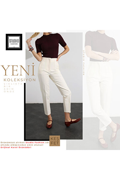 KAROL Kadın Ekru Önü Flatolu Yüksek Bel Zr Model Kumaş Pantolon