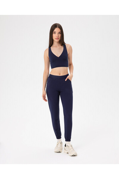 Ayma Active Lacivert Organik Pamuk Yüksek Bel Paçası Lastikli Jogger Eşofman Altı