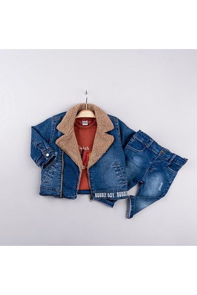Bubbly Boy's Plush Inside Side Zipper Jeans Jacket Set of 3