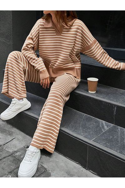 DEMİRBY Women's Shirt Collar Striped Knitwear Set