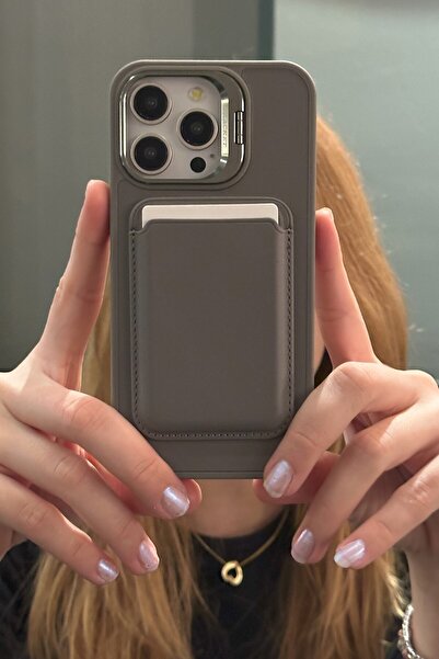 Paladyum Case iPhone 15 Pro Uyumlu Premium Titanyum Gri Deri Magsafe Cüzdanlı...