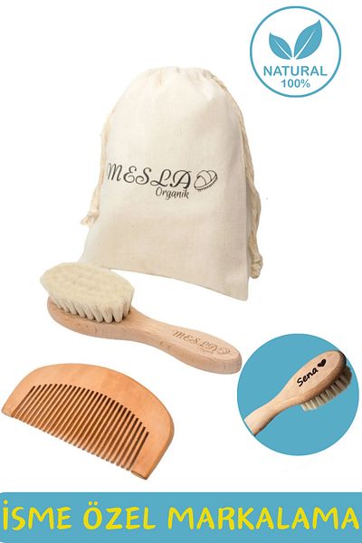 Mesla Organik Soft Baby Comb and Natural Wooden Comb - Midi Size Set of 2