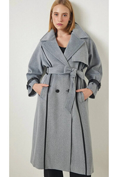 Myra Premium Series Wool Coat with Leather Sleeve Belt-Grey