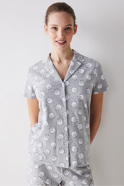 Penti Girl Gray Sheep Patterned Buttoned Shirt and Pants Pajama Set