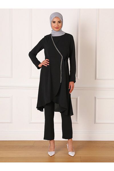 Refka Black Stone Striped Stylish Tunic and Trousers Set - Refka