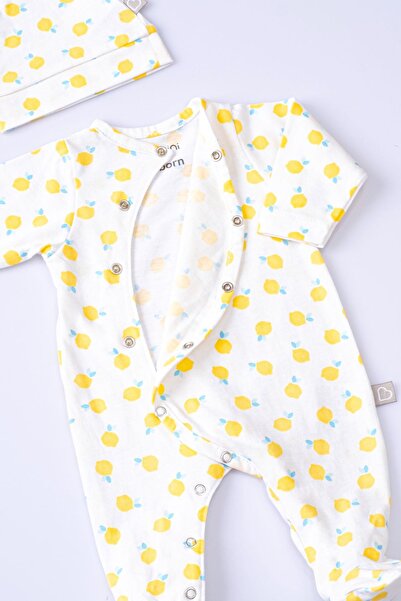 Boumini Yellow Lemon Patterned Baby Romper and Hat Set