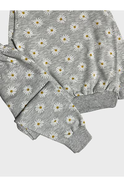 ALİŞ KİDS Girl's Cotton Raised Gray Daisy Patterned Long Sleeve Pajama Set
