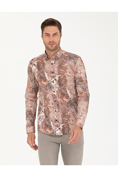 Pierre Cardin قميص بني فاتح بقصة ضيقة وأكمام طويلة 50266599 -VR002