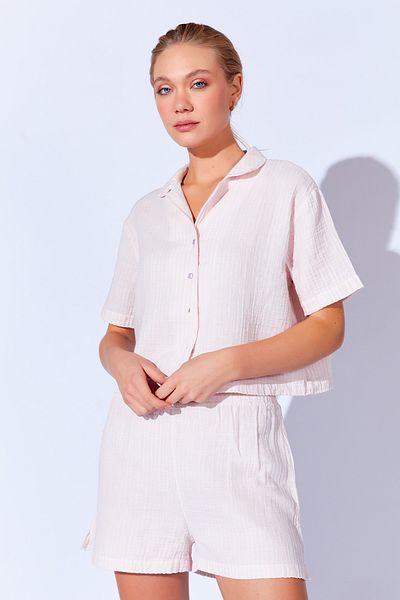 Manche Rozy Organic Cotton Muslin Striped Pajama Set - Shirt and Shorts |   Mkw 169989 -01