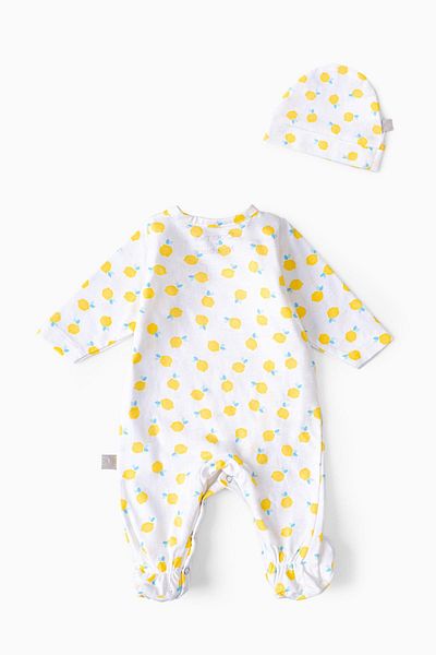 Boumini Yellow Lemon Patterned Baby Romper and Hat Set